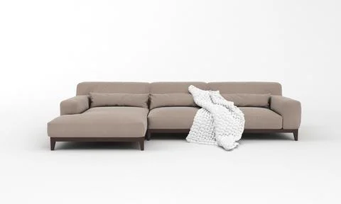 A 3D rendered modern corner sofa of light brown with a blanket on it on a whi Ilustração Stock