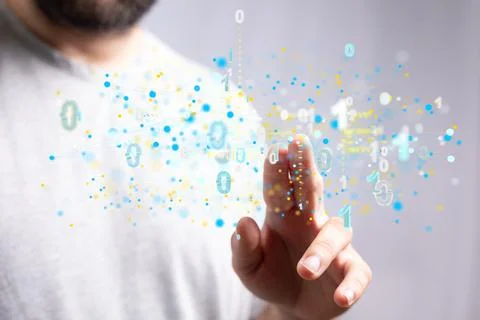 3D rendered network connection of data with a hand of a male in the backgroun Stock Photos