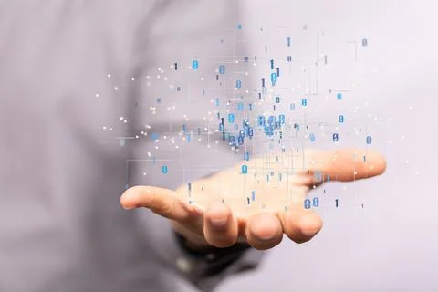 3d rendered network connection dots and lines hovering over a man's hand Stockfoto's