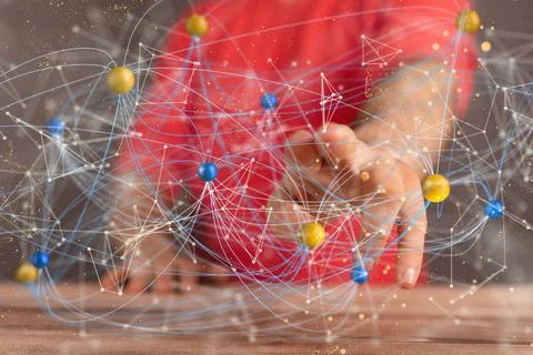 3D rendered neural network hovering in man's hand Stock Photos