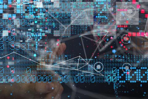 3D rendered neural network hovering in man's hand Foto stock