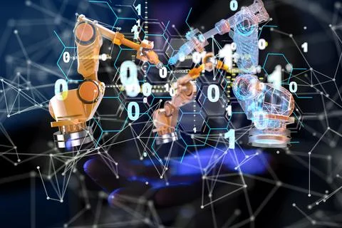 3D rendered neural network hovering in man's hand Stock Photos