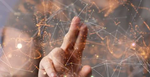 3D rendered neural network hovering in man's hand Stock Photos