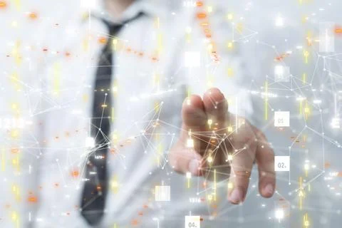 3D rendered neural network hovering in man's hand 写真素材