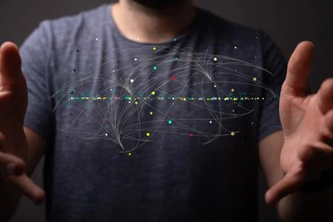 3D rendered neural network hovering in man's hand 写真素材