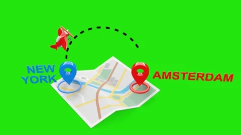 3D Rendered New York to Amsterdam Travel Animation with Airplane and Map with Stock Footage 306718413
