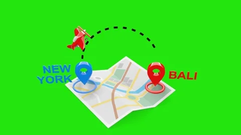 3D Rendered New York to Bali Travel Animation with Airplane and Map with Green Stock Footage 306718404