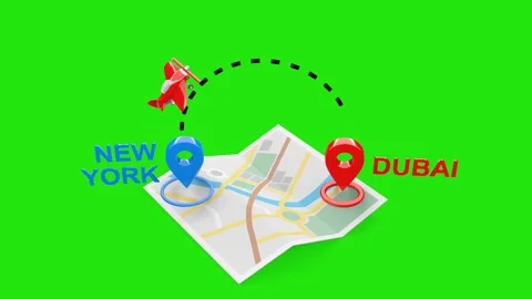 3D Rendered New York to Dubai Travel Animation with Airplane and Map with Green Stock Footage 306718373