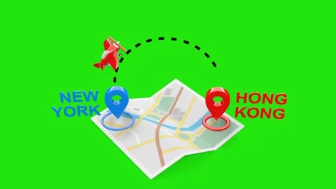 3D Rendered New York to Hong Kong Travel Animation with Airplane and Map with Stock Footage 306718367