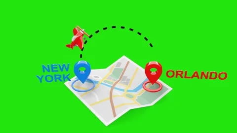 3D Rendered New York to Orlando Travel Animation with Airplane and Map with Stock Footage 306718332
