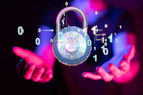 3D rendered numbered lock held in person's hands Foto stock