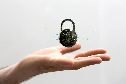 3D rendered numbered lock held in a person's hand Foto stock