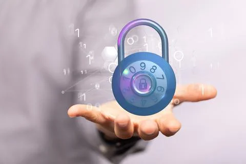 3D rendered numbered lock held in a person's hand Foto stock