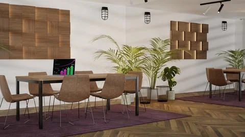 3d rendered office room with hard wood floor and wall to wall mirror. Stock Illustration