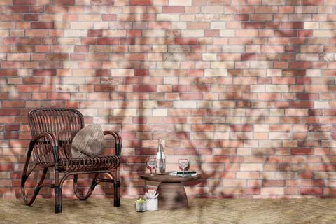 3d rendered outdoors sitting area by a red brick wall. Illustrazione stock