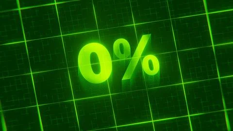 3D-rendered pattern of 0 percent on bright neon green lines arranged in a grid p Illustrazione stock