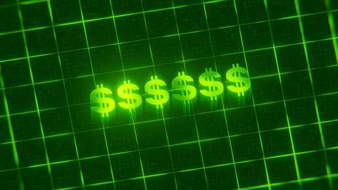 3D-rendered pattern of dollar signs on bright neon green lines arranged in a gri 스톡 일러스트