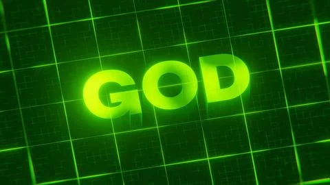 3D-rendered pattern of a word on bright neon green lines arranged in a grid patt Stock Illustration