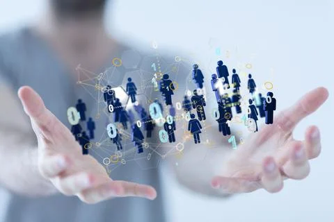 3d rendered people icons with binary codes hovering over man's hands 스톡 사진