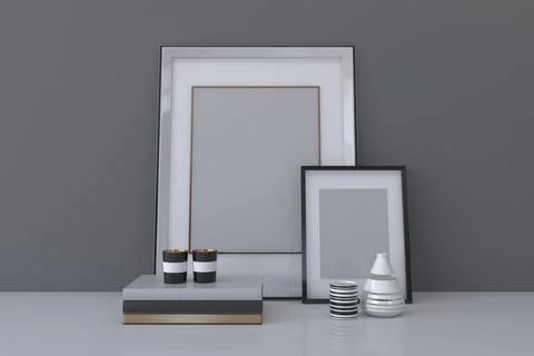 3D rendered photo frames with mockup against a gray wall Stock Illustration