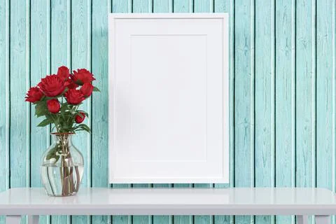 3d rendered picture frame mock up with flower vase. Illustrazione stock