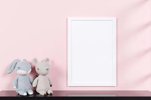 3d rendered picture frame mockup with stuffed toy animals. Illustrazione stock
