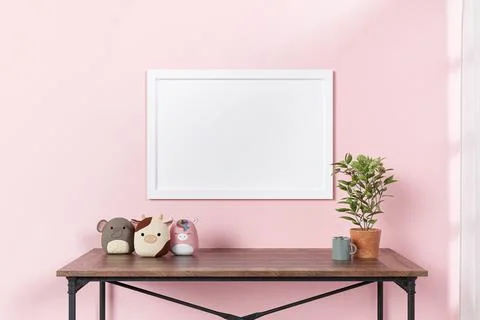 3d rendered picture frame mockup with stuffed toy animal. Stock Illustration