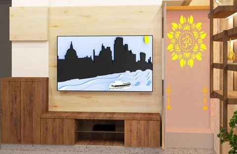 3d rendered pine wood wall decoration with walnut wood cove light shelve and Illustrazione stock