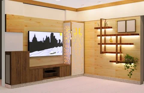 3d rendered pine wood wall decoration with walnut wood cove light shelve and Illustrazione stock