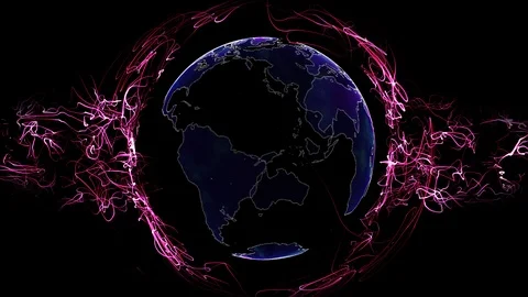 3d rendered planet Earth digital model flowing trough electromagnetic field Stock Footage 97802658