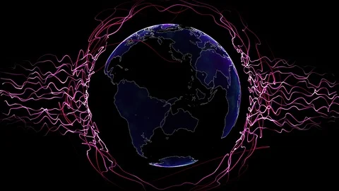 3d rendered planet Earth digital model flowing trough electromagnetic field Stock Footage 97859386