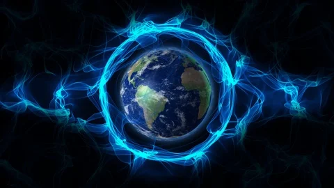 3d rendered planet Earth digital model flowing trough electromagnetic field Stock Footage 97859395