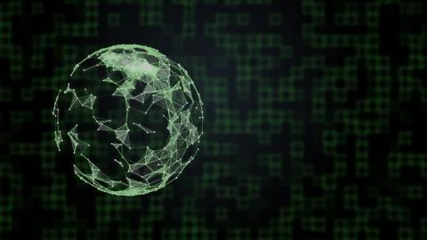 3D rendered planet with plexus surface over squared background in green gradient Stock Illustration