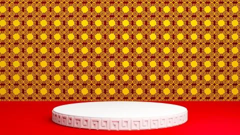 A 3D rendered podium mock up with traditional Chinese gold and red pattern ba イラスト素材
