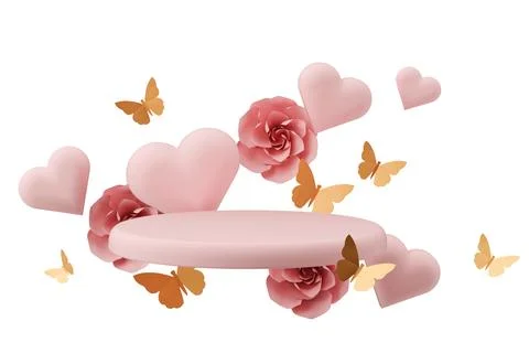 A 3D rendered podium is shown with hearts and flowers surrounding it. The s.. Stock Illustration