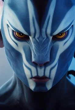 3D-rendered portrait of an angry blue alien with white stripes and yellow eyes Stock Illustration