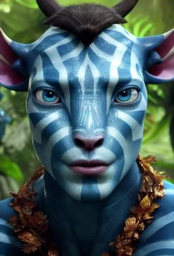 3D-rendered portrait of a blue alien with white stripes and horns on a nature ba Stock Illustration
