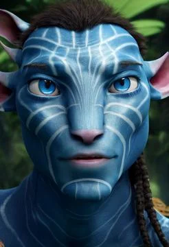 3D-rendered portrait of a blue alien with white stripes and three ears on a natu Stock Illustration