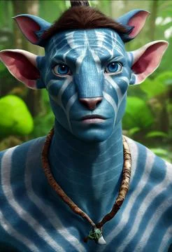 3D-rendered portrait of a blue alien with white stripes and four ears on a natur Stock Illustration