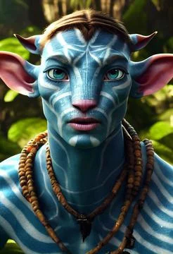 3D-rendered portrait of a blue alien with white stripes and four ears on a natur Stock Illustration