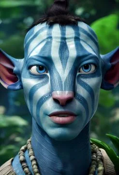 3D-rendered portrait of a blue alien with white stripes on a nature background Stock Illustration