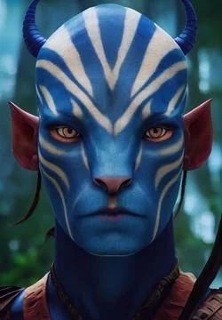 3D-rendered portrait of a blue alien with white stripes and horns on a nature ba Stock Illustration