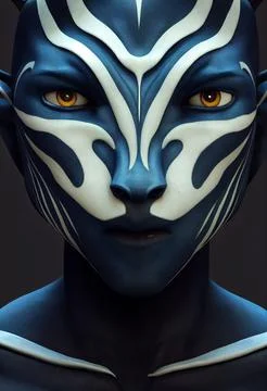 3D-rendered portrait of a blue alien with white stripes and yellow eyes Stock Illustration