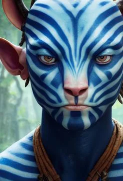 3D-rendered portrait of a blue alien with white stripes and four ears on a natur Stock Illustration