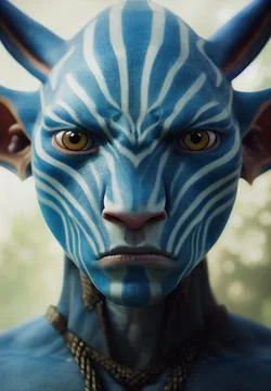 3D-rendered portrait of a blue alien with white stripes and four ears on a natur Stock Illustration