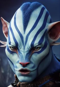 3D-rendered portrait of a blue alien with white stripes and without teeth Illustrazione stock