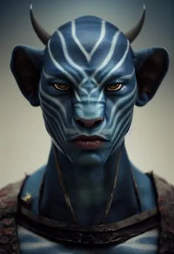 3D-rendered portrait of a blue alien with white stripes and horns Stock Illustration