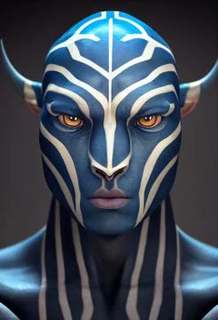 3D-rendered portrait of a blue alien with white stripes and horns Stock Illustration