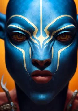 3D-rendered portrait of a blue alien with white stripes and yellow eyes Stock Illustration