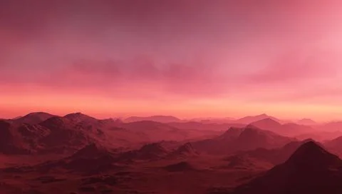 3d rendered post apocalyptic landscape - An empty Fantasy Landscape with red Stock Illustration